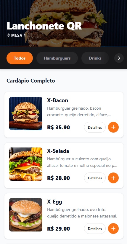 Tela do Cardápio PedidoQR